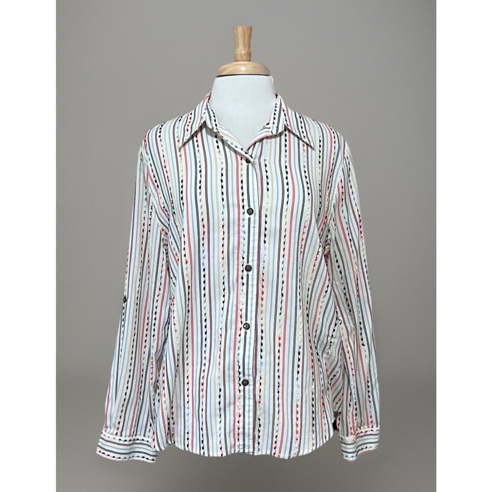 Alfred Dunner Ribbon Stripe Red White and Blue Womens Button up Blouse Shirt XL